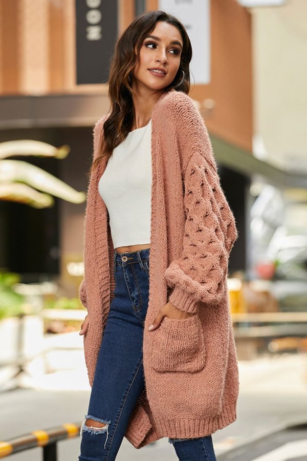 Open Front Ribbed Trim Duster Cardigan - Image 4