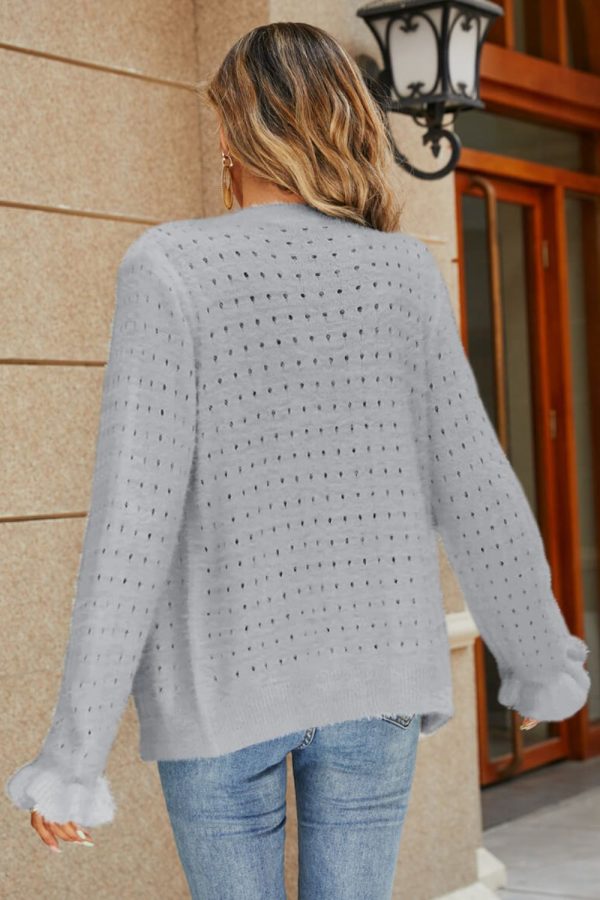 Openwork Flounce Sleeve Button-Up Fuzzy Cardigan - Image 8