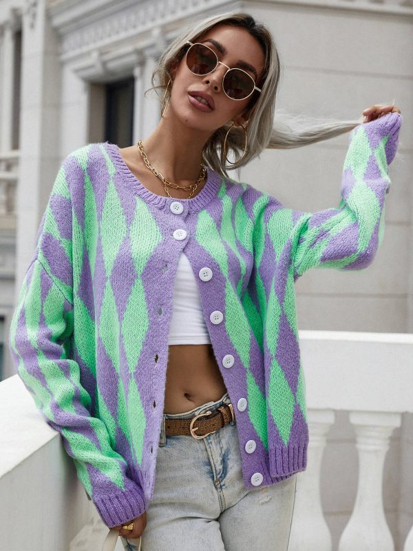 Woven Right Argyle Button Front Drop Shoulder Cardigan - Image 8