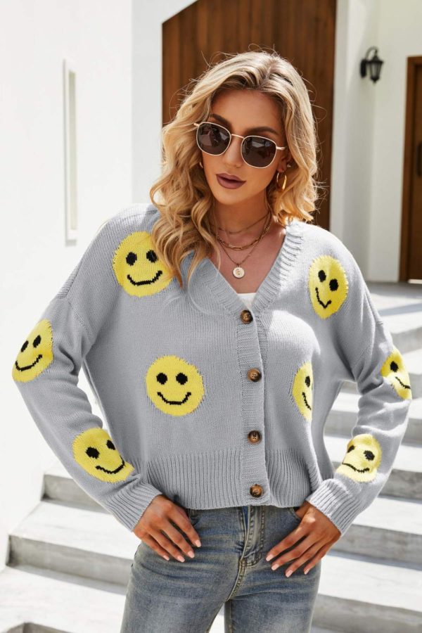 Smiley Face Ribbed Trim V-Neck Cardigan - Image 8
