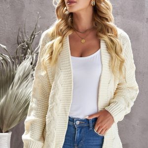 Women'S Solid Color Knitted Cardigan With Long Sleeves And Buttonless Design