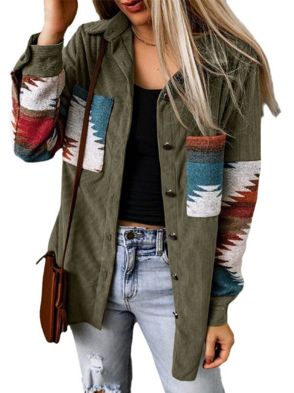 Corduroy Casual Cardigan With Western Print For Women - Image 19