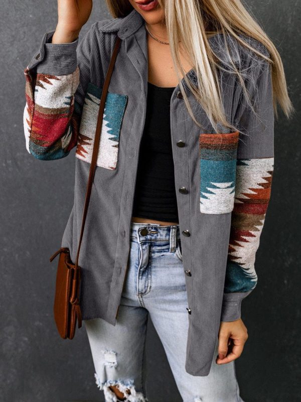 Corduroy Casual Cardigan With Western Print For Women - Image 23