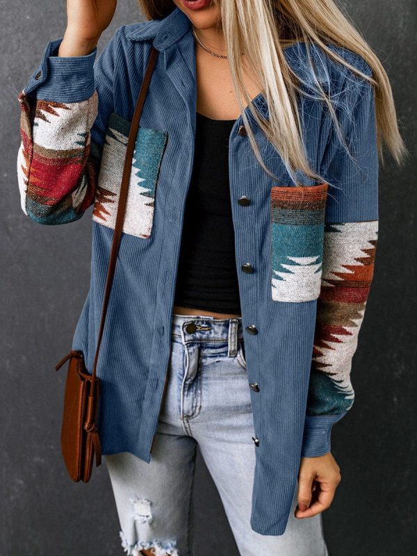 Corduroy Casual Cardigan With Western Print For Women - Image 17