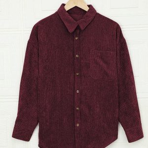 Women's Corduroy Cardigan Shirt with Button Down Lapel and Pocket