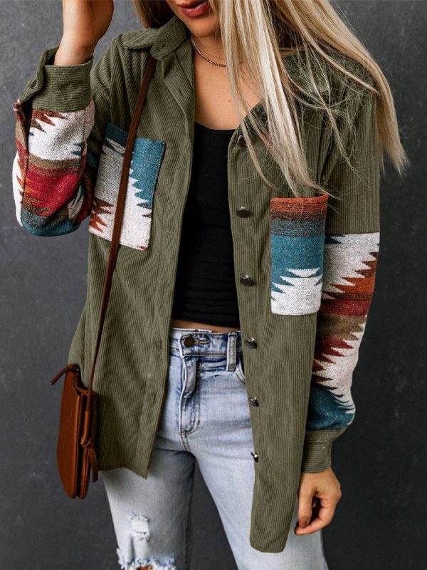 Corduroy Casual Cardigan With Western Print For Women - Image 24