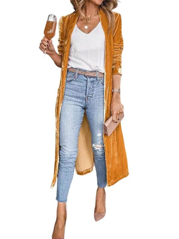 Elegant Long Velvet Cardigan With Patchwork Details For Women - Image 14
