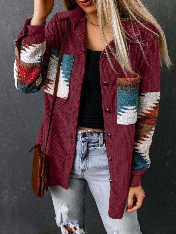 Corduroy Casual Cardigan With Western Print For Women - Image 22