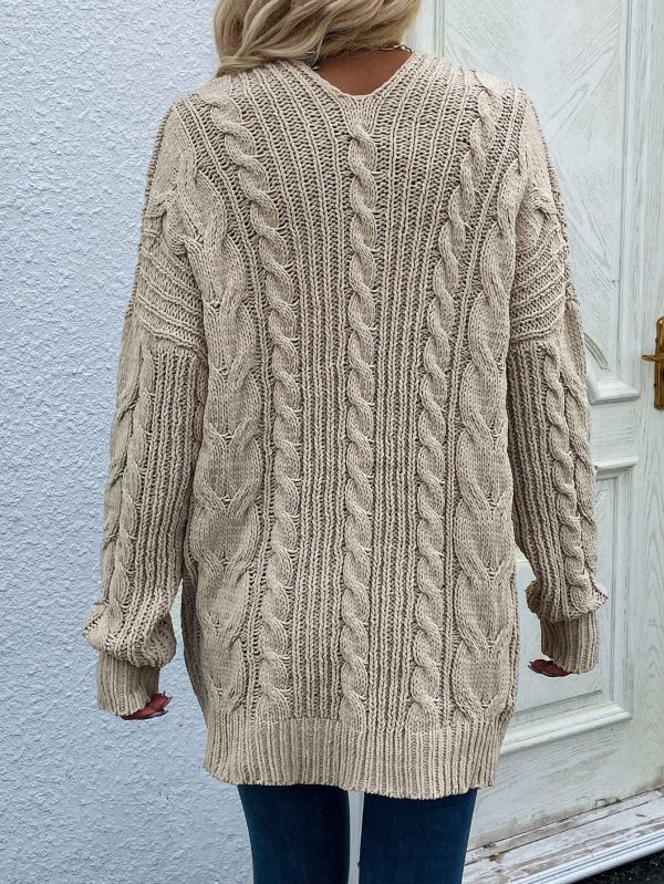 Woven Right Cable-Knit Open Front Cardigan with Front Pockets - Image 19