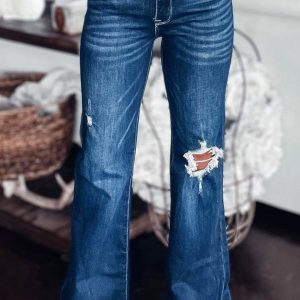 Asymmetrical Open Knee Distressed Flare Jeans