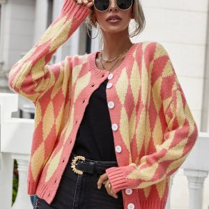 Woven Right Argyle Button Front Drop Shoulder Cardigan