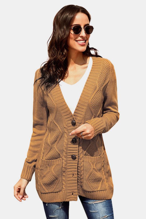 Woven Right Button Pocket Cable Knit Cardigan - Image 5
