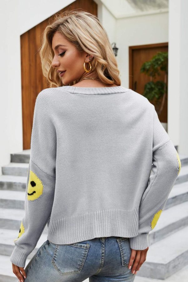 Smiley Face Ribbed Trim V-Neck Cardigan - Image 10