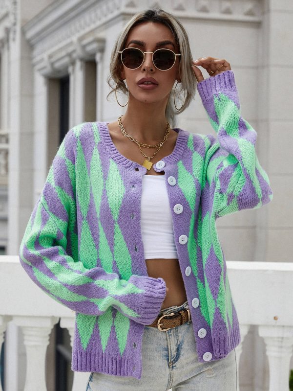Woven Right Argyle Button Front Drop Shoulder Cardigan - Image 7