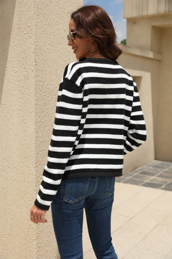 Striped Round Neck Button-Down Dropped Shoulder Cardigan - Image 7