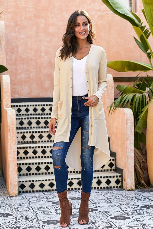 V-Neck Long Sleeve Cardigan with Pocket - Image 3
