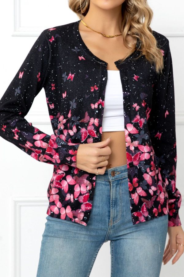Woven Right Floral Button Front Round Neck Cardigan - Image 6