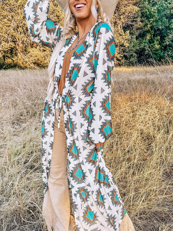 Western Aztec Print White Duster Kimono Cardigan - Image 4