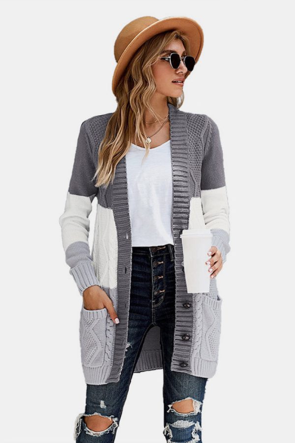 Woven Right Button Pocket Cable Knit Cardigan - Image 9