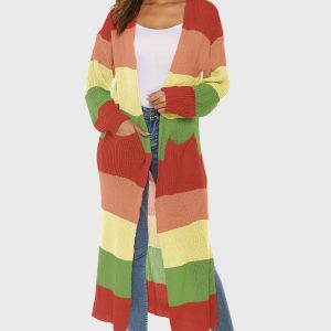 Color Block Long Sleeve Pocketed Cardigan