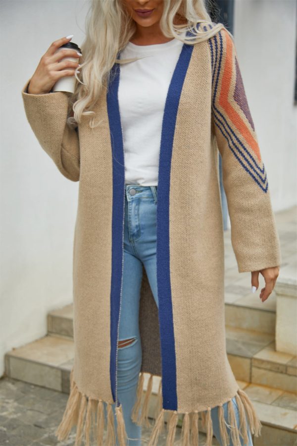 Double Take Geometric Fringe Hem Open Front Duster Cardigan - Image 9