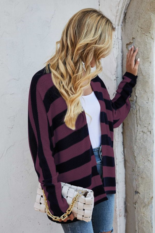 Striped Dolman Sleeve Open Front Cardigan - Image 6