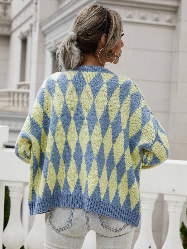 Woven Right Argyle Button Front Drop Shoulder Cardigan - Image 18