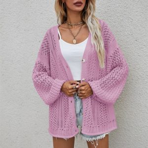 Openwork V-Neck Dropped Shoulder Cardigan