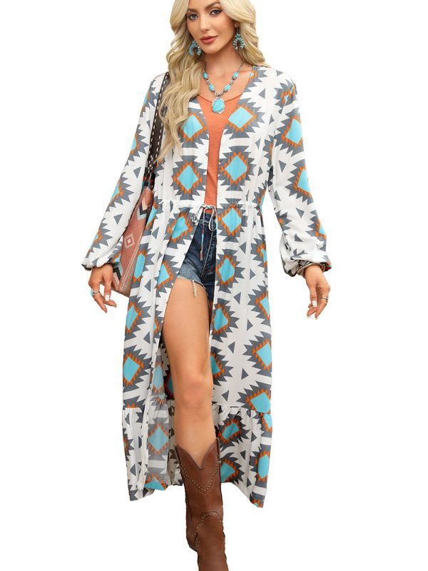 Western Aztec Print White Duster Kimono Cardigan - Image 19