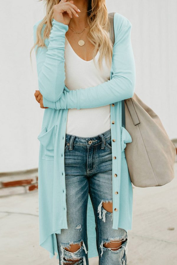 V-Neck Long Sleeve Cardigan with Pocket - Image 23