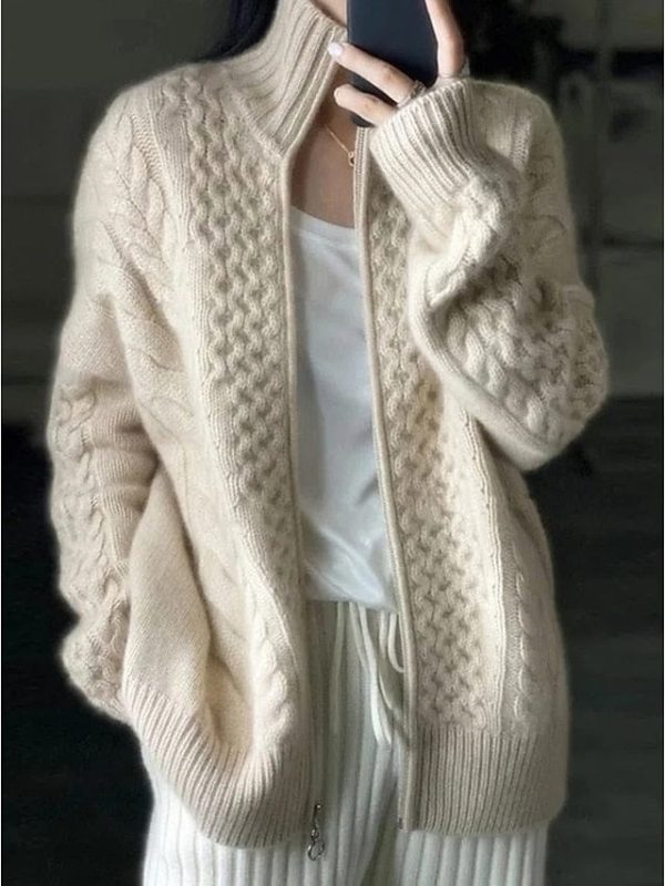 Beige Cable Knit Zippered Women's Sweater for Winter and Fall - Image 2