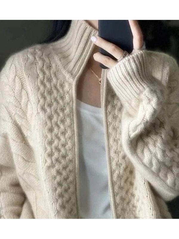 Beige Cable Knit Zippered Women's Sweater for Winter and Fall - Image 4