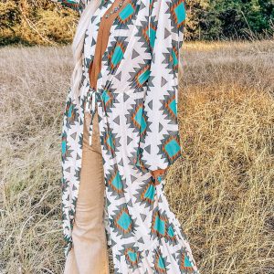 Western Aztec Print White Duster Kimono Cardigan
