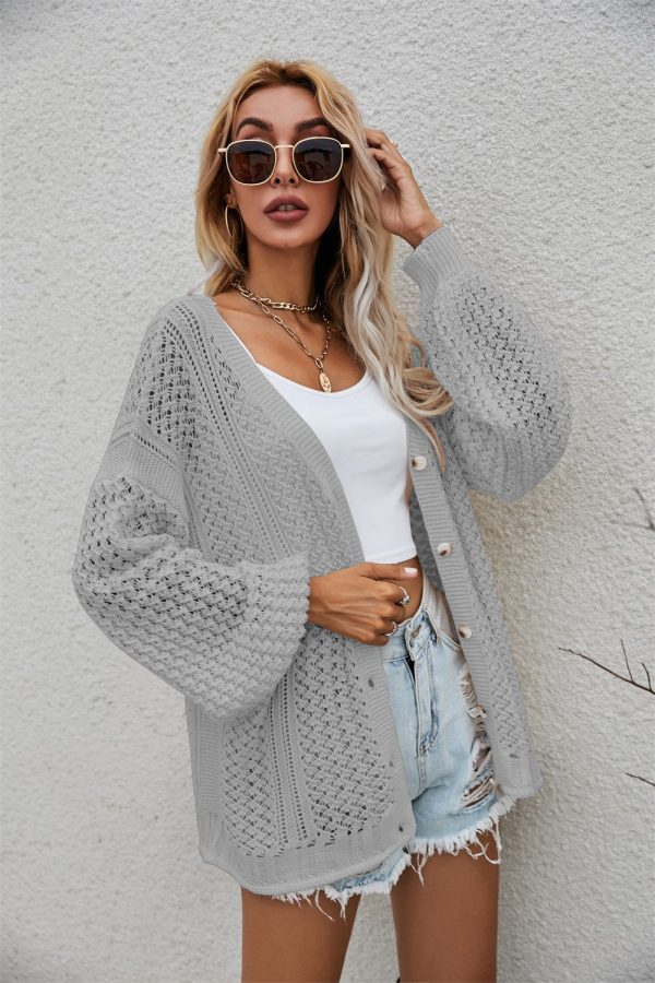 Openwork V-Neck Dropped Shoulder Cardigan - Image 17