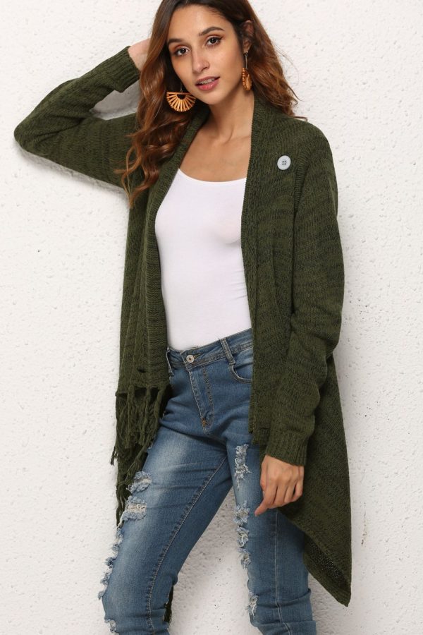 One-Button Tassel Tie Asymmetrical Hem Cardigan - Image 8