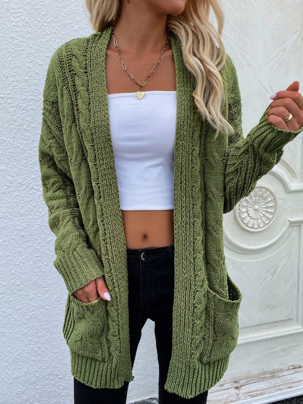 Woven Right Cable-Knit Open Front Cardigan with Front Pockets - Image 13