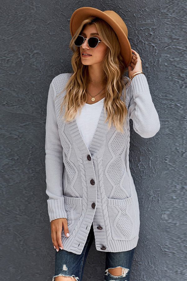 Woven Right Button Pocket Cable Knit Cardigan - Image 4