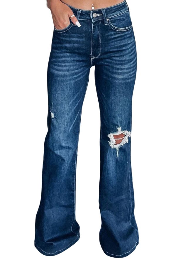 Asymmetrical Open Knee Distressed Flare Jeans - Image 3