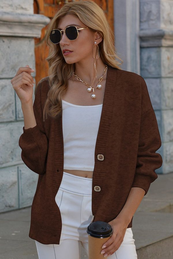 V-Neck Button-Down Dropped Shoulder Cardigan - Image 17