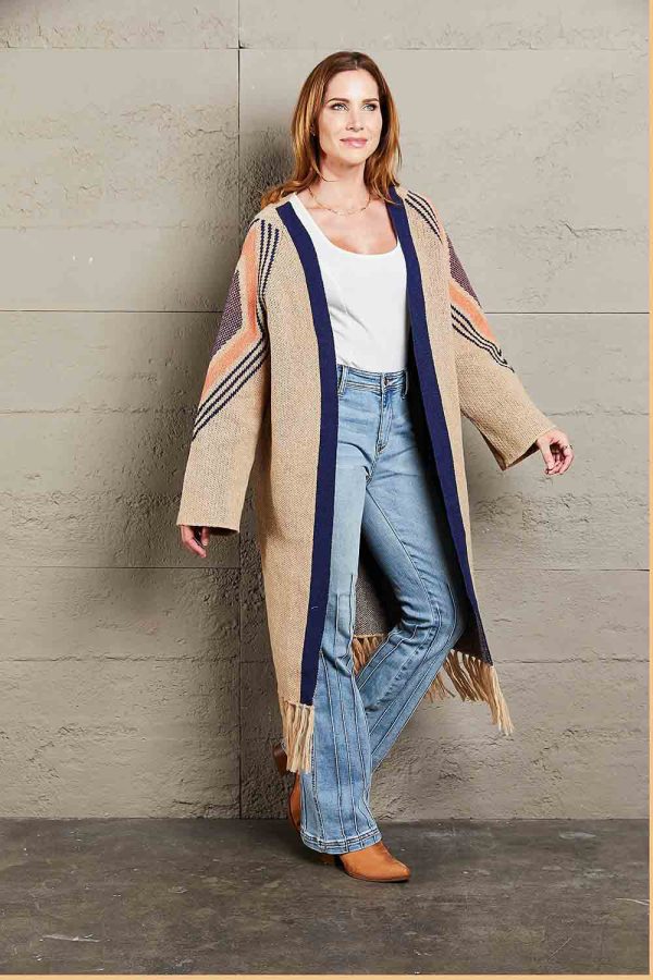 Double Take Geometric Fringe Hem Open Front Duster Cardigan - Image 4