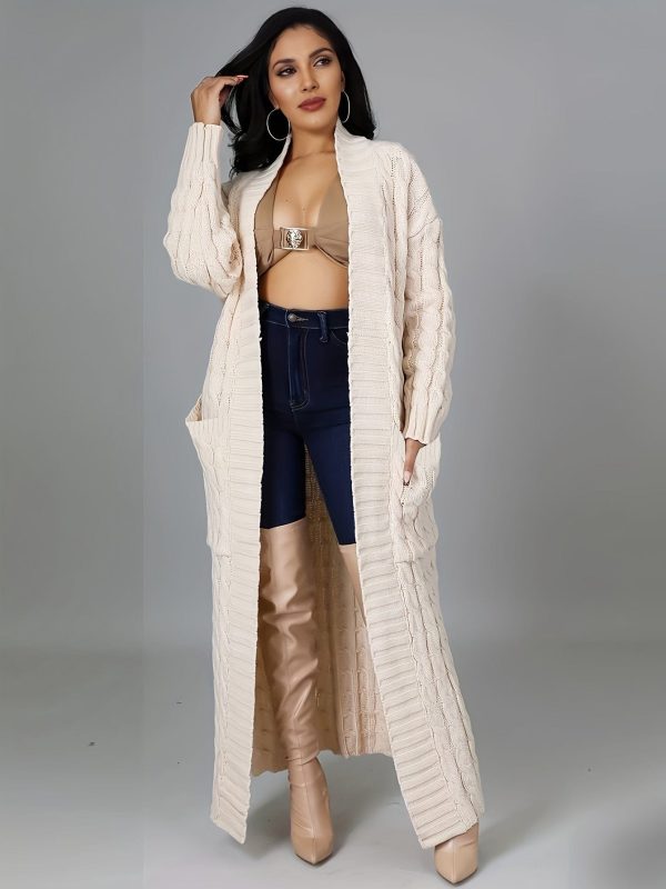 Elegant Solid Long Sleeve Mid-Calf Length Loose Cable Knit Cardigan - Image 19