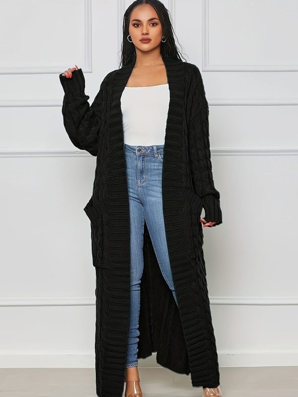 Elegant Solid Long Sleeve Mid-Calf Length Loose Cable Knit Cardigan - Image 16