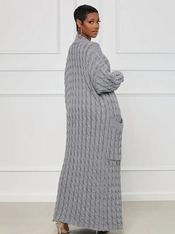 Elegant Solid Long Sleeve Mid-Calf Length Loose Cable Knit Cardigan - Image 18
