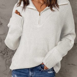Casual Solid Color Oversized Knit Sweater With Zipper Detail