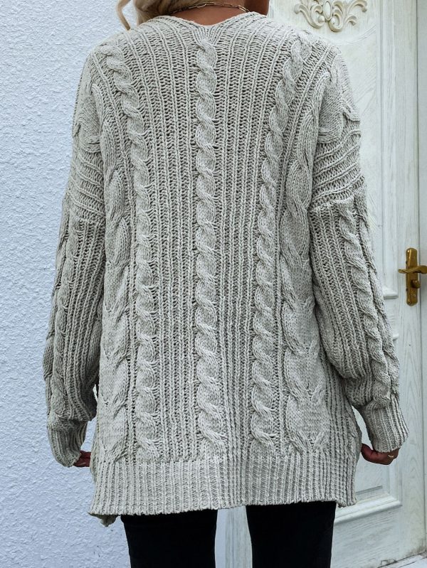 Woven Right Cable-Knit Open Front Cardigan with Front Pockets - Image 6