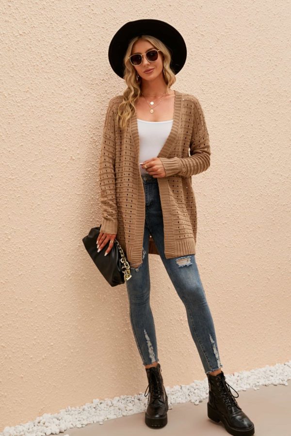 Openwork Horizontal Ribbing Open Front Cardigan - Image 2