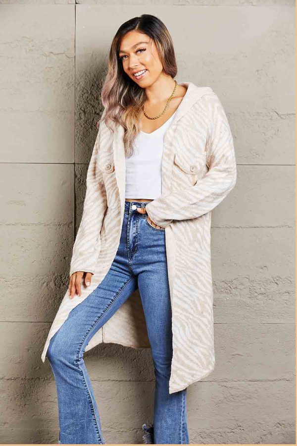 Double Take Printed Open Front Hooded Longline Cardigan - Image 3