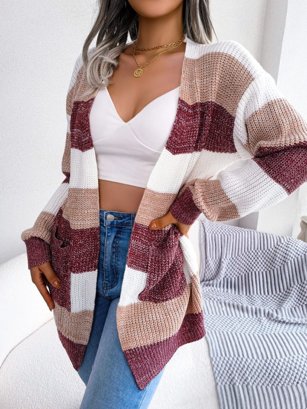 Striped Rib-Knit Open Front Longline Cardigan - Image 5