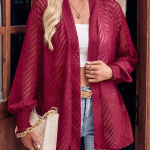 Comfortable Loose Jacquard  Fresh Fashion Casual Solid Color Cardigan - Closed - Bishop - Poet - Jewel