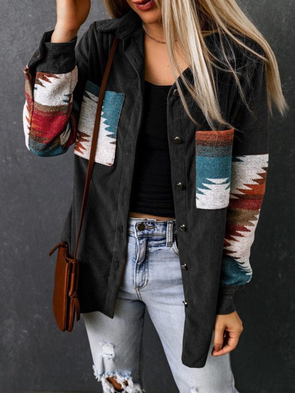 Corduroy Casual Cardigan With Western Print For Women - Image 9